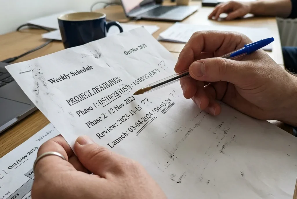 Dílčí faktura vzor a pravidla 2026: Jak správně fakturovat postupné etapy zakázky 1 Rozdiel medzi formátom dátumu DD.MM.RRRR a medzinárodným ISO 8601 na faktúre (Obrázek vygenerovaný umělou inteligencí)